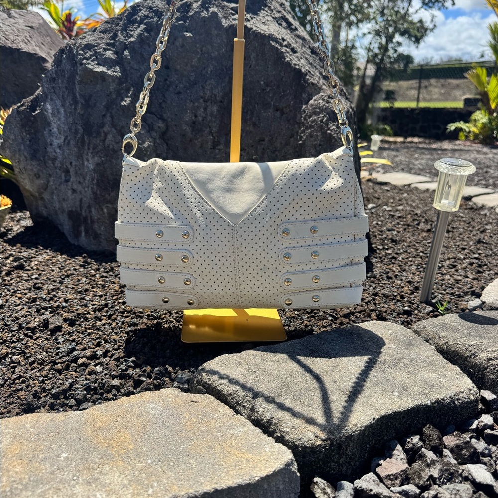 Jimmy Choo Egg Shell White Leather Perforated Shoulder Bag with Buckle Detail - Picture 6 of 17